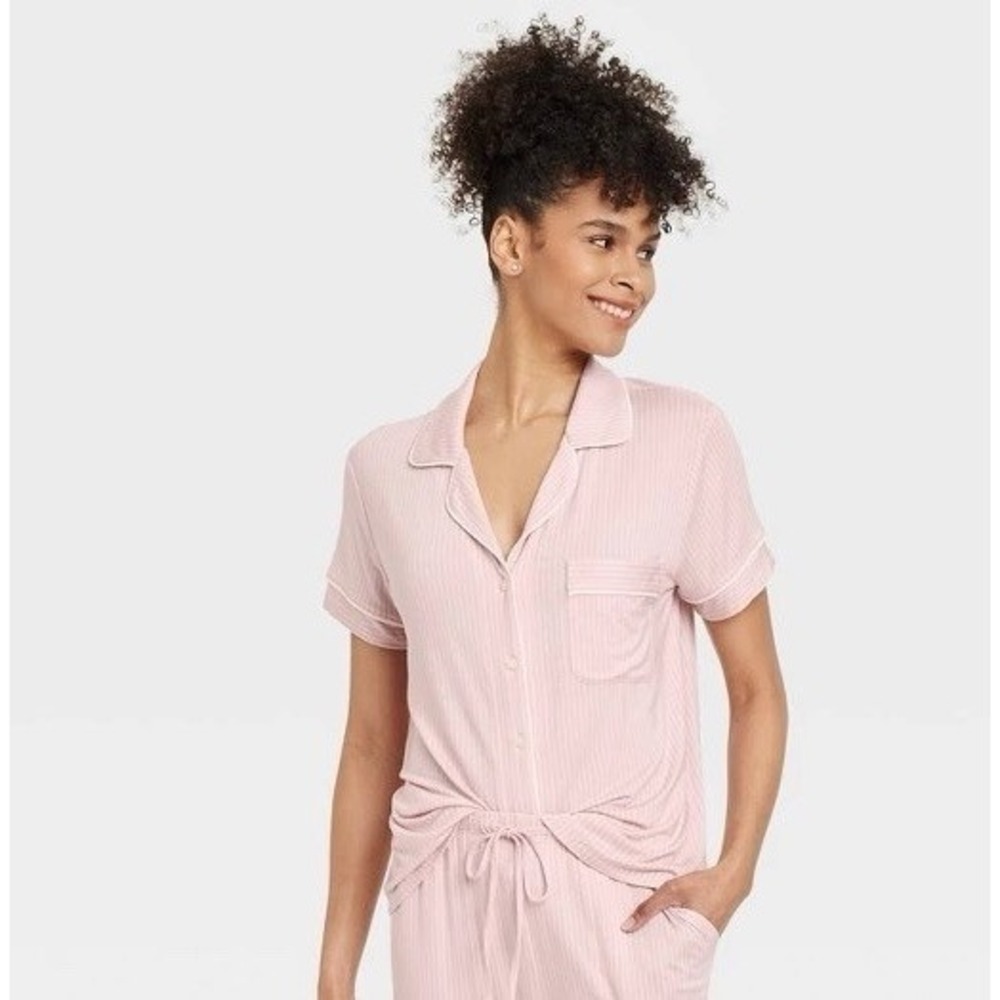 Auden Women's S. Pink/White Striped Knit Short Sleeve Top Pajama XS